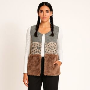 Anthropologie Gray, Beige & Brown Faux Fur Patchwork Vest